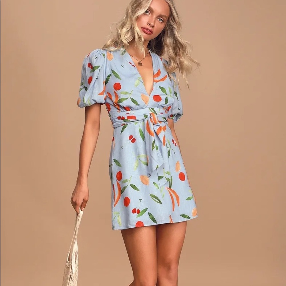 Finders Keepers- Calypso Light Blue Fruit Print Puff Sleeve Mini Dress